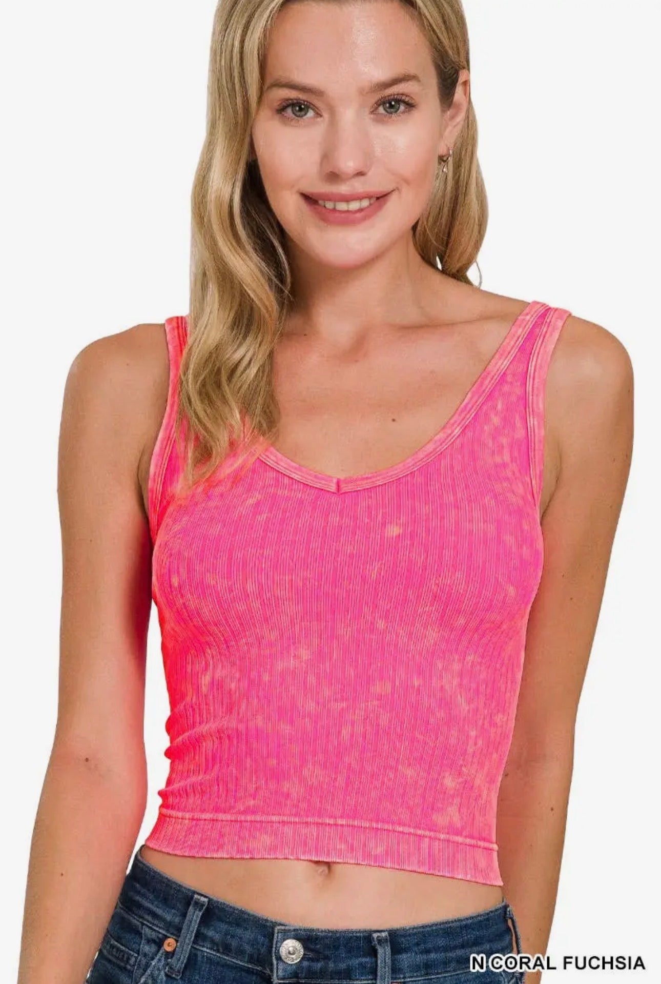 Washed Ribbed Cropped V-Neck