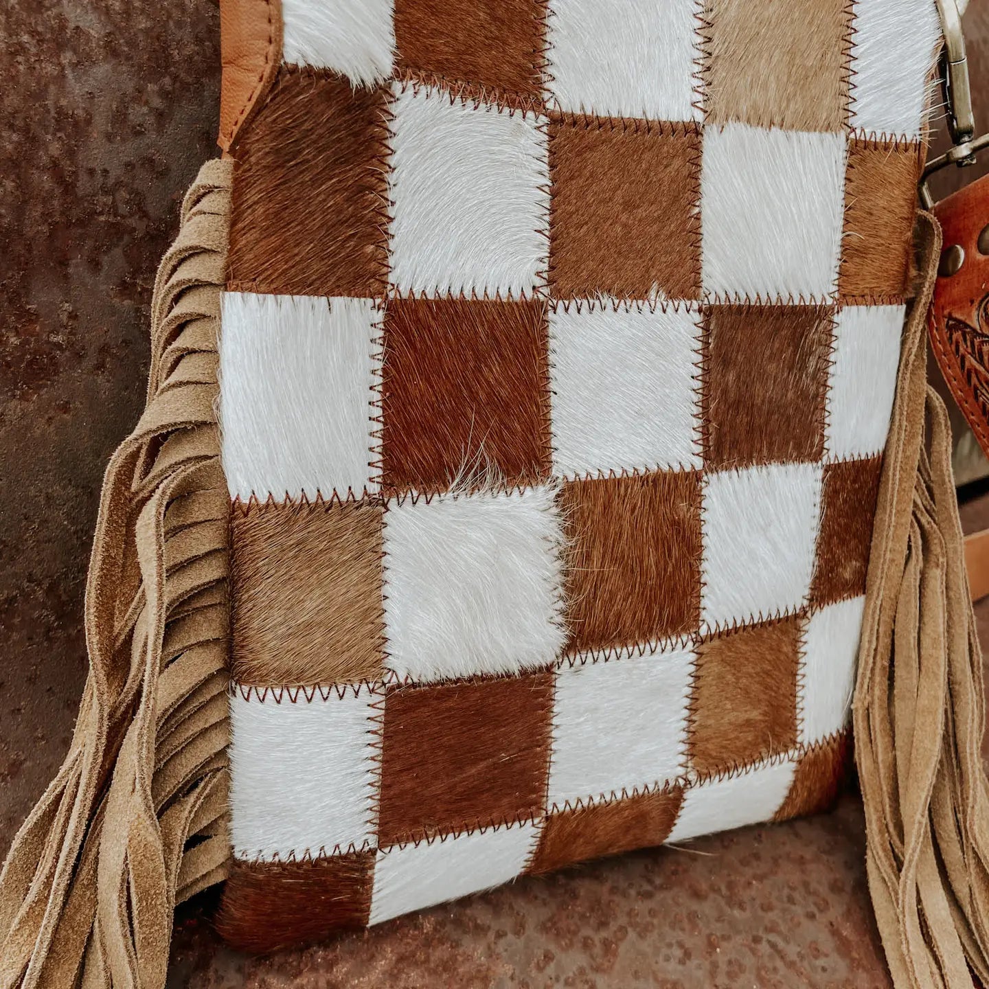 Checkered Cowhide Fringe Crossbody