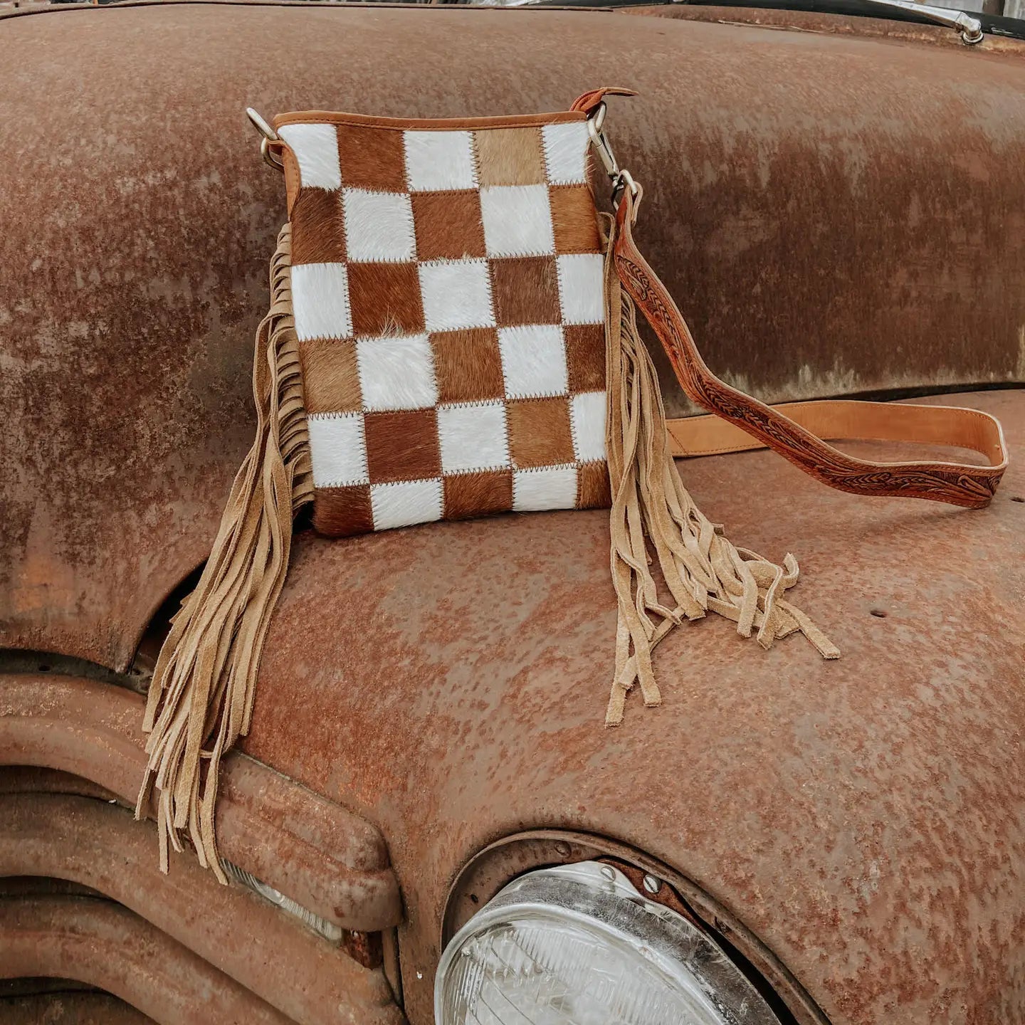 Checkered Cowhide Fringe Crossbody