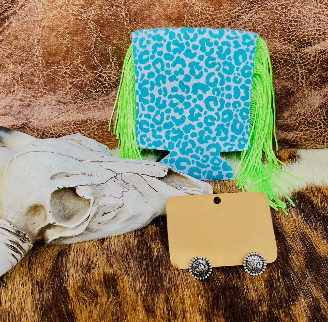 Leopard Lime Green Fringe Koozie