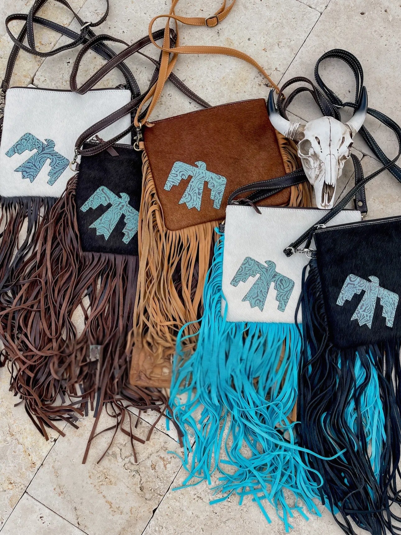 Thunderbird Cowhide Fringe Crossbody Black on Black