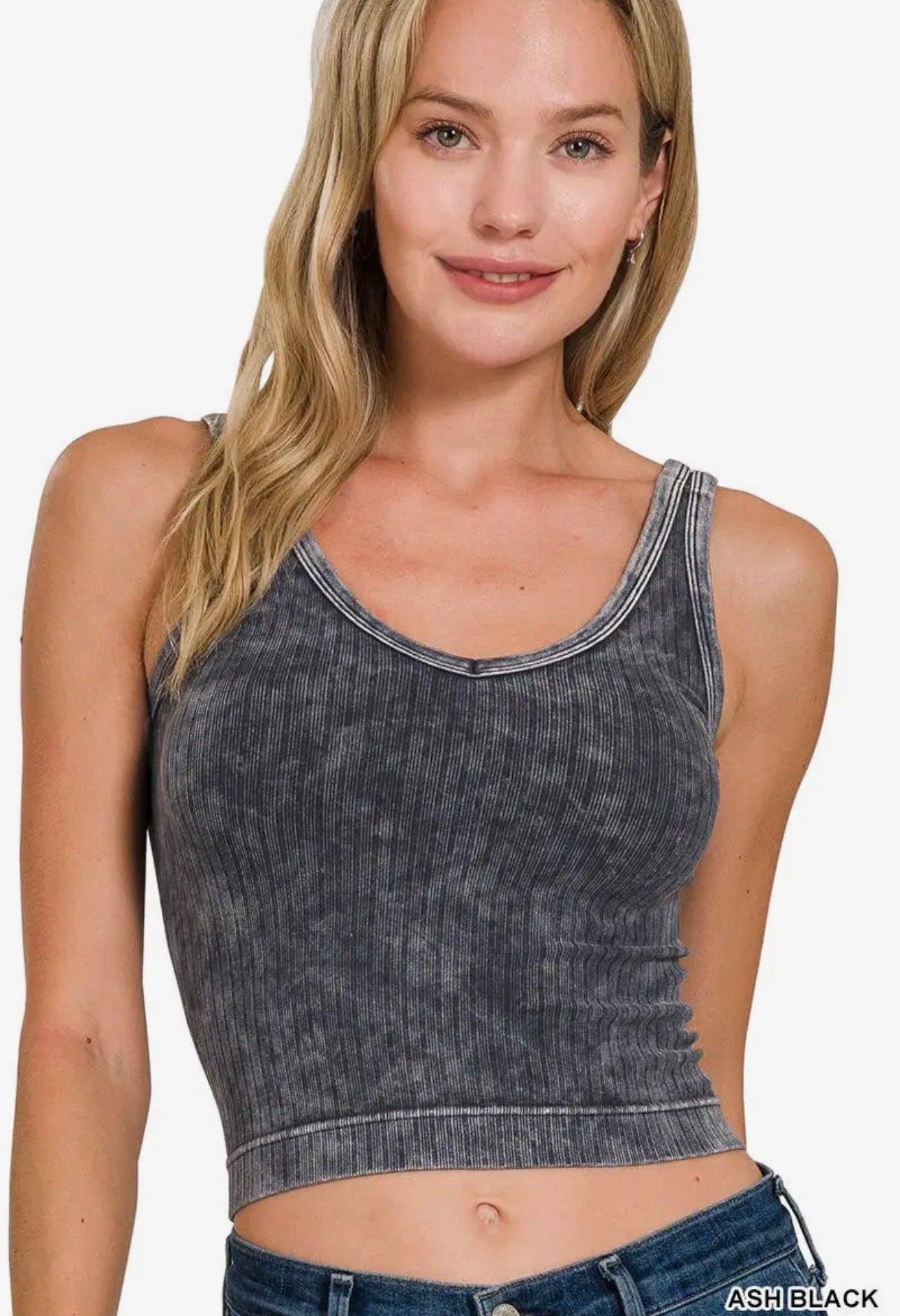 Washed Ribbed Cropped V-Neck
