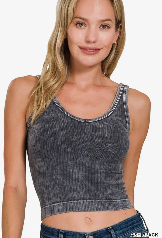 Washed Ribbed Cropped V-Neck