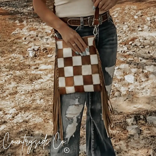 Checkered Cowhide Fringe Crossbody