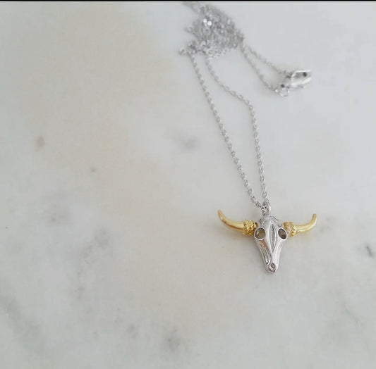 Dainty Two Toned Bull Skull Necklace