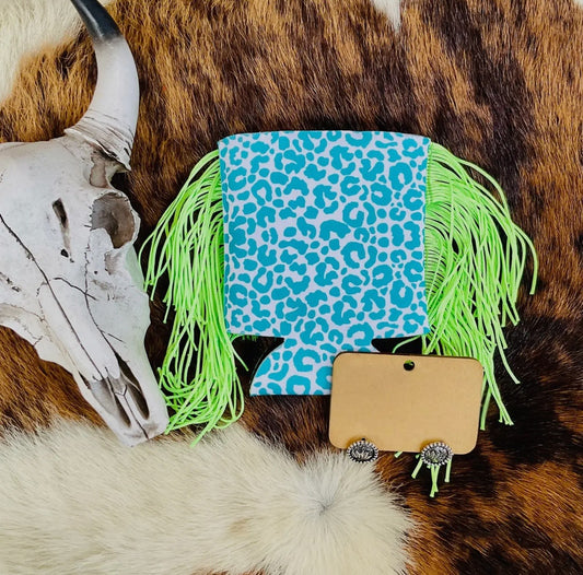 Leopard Lime Green Fringe Koozie