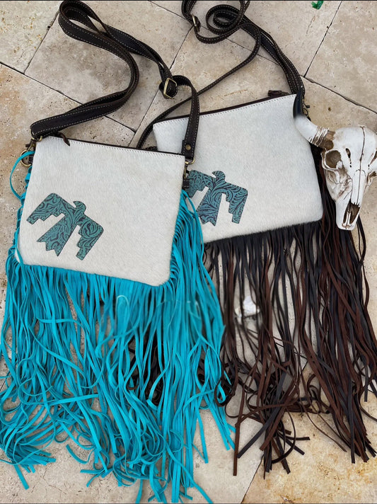 Thunderbird Cowhide Fringe Crossbody White on Turquoise