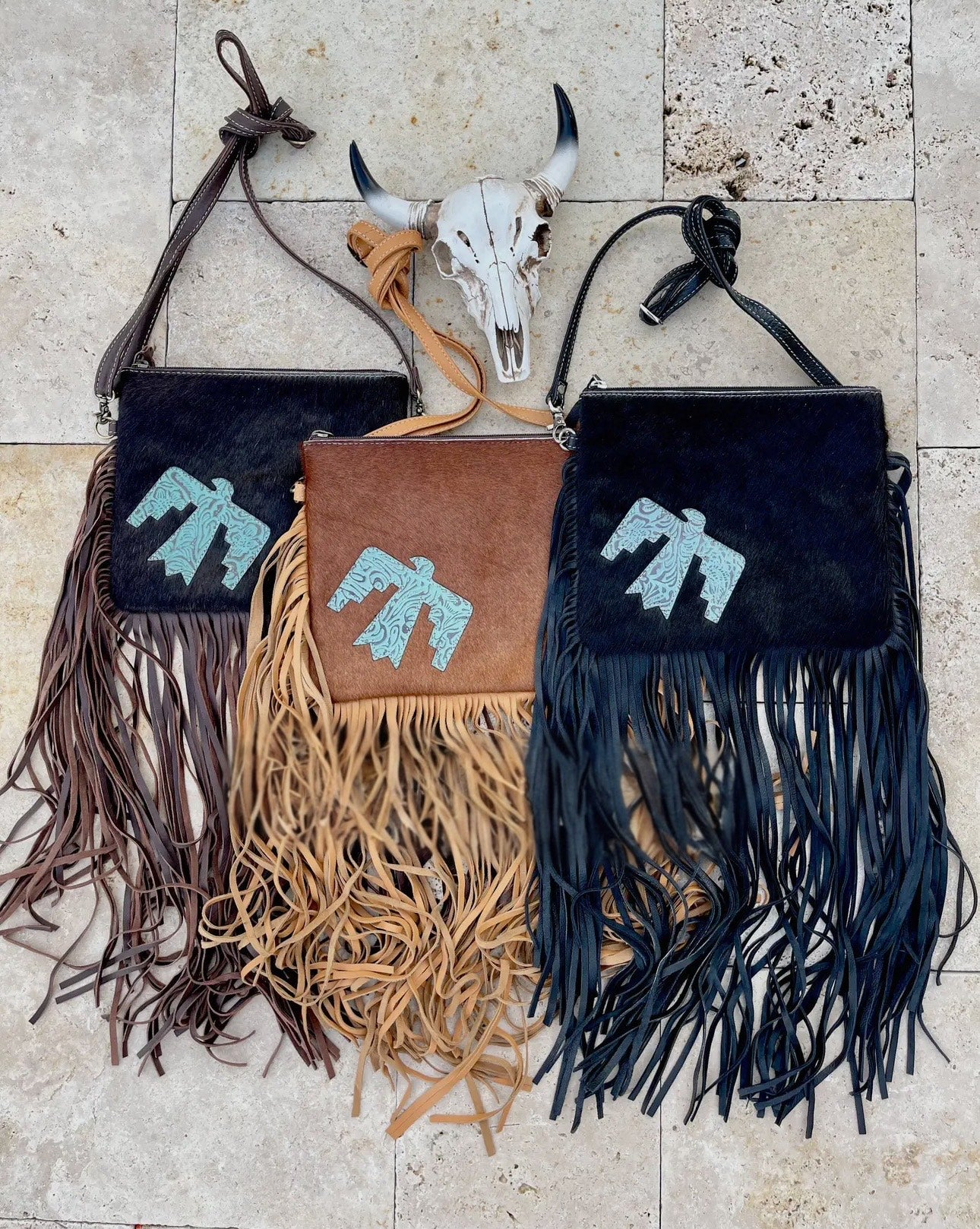 Thunderbird Cowhide Fringe Crossbody Black on Black