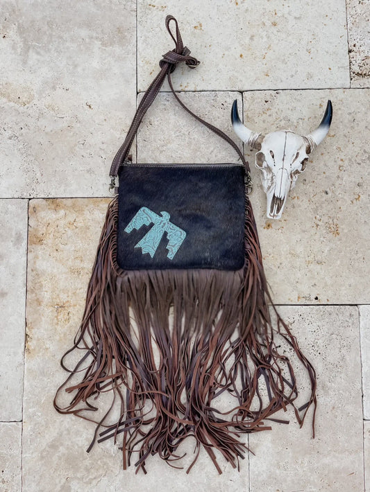 Thunderbird Cowhide Fringe Crossbody Dark Brown
