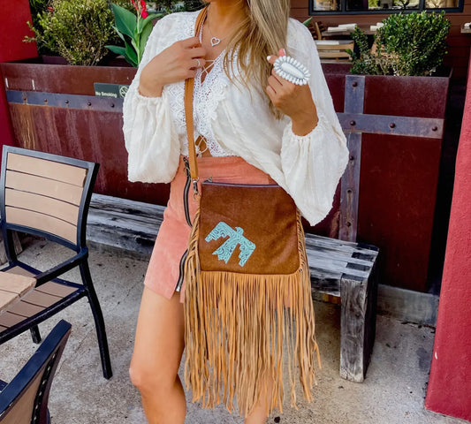 Thunderbird Cowhide Fringe Crossbody Tan Hide Tan Fringe