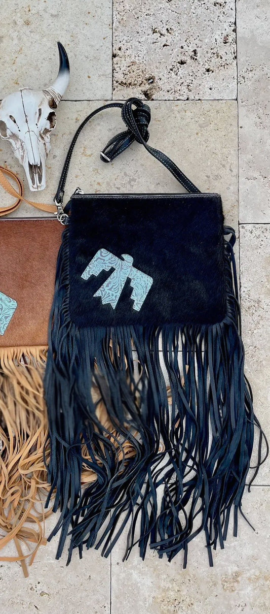 Thunderbird Cowhide Fringe Crossbody Black on Black